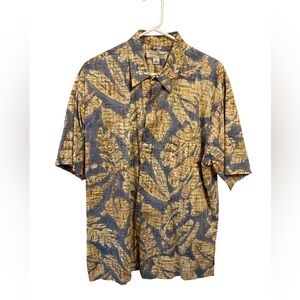 Tori Richard Mens Size L 100% Lawn Cotton Blue Leaf Print Hawaiian Lounge Shirt
